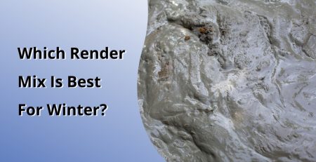 A close-up view of a wet render mix, illustrating the texture and consistency of the material. The text overlay reads "Which Render Mix Is Best For Winter?" highlighting the topic of the best render mix for cold weather conditions.