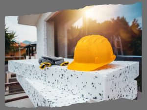 Yellow hard hat and gloves placed on expanded polystyrene cladding panels during construction work.