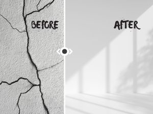 Before and after comparison of patching wall cracks, showing a damaged wall repaired to a smooth finish