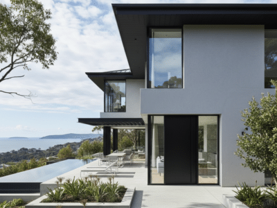 Modern rendered Sydney home exterior with light grey façade and black trim.