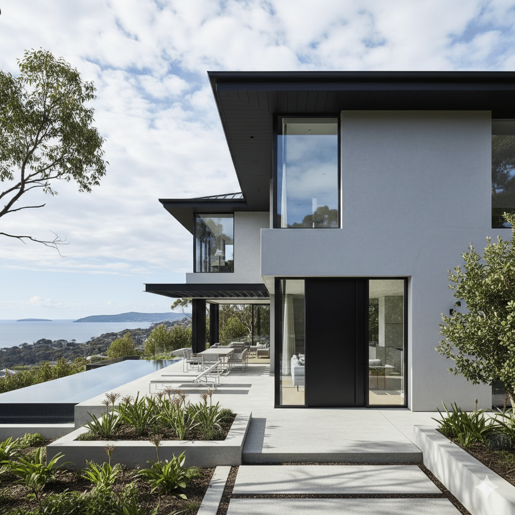 Modern rendered Sydney home exterior with light grey façade and black trim.