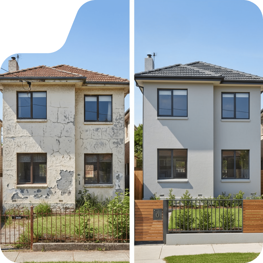 Before and after polystyrene cladding on a Sydney property