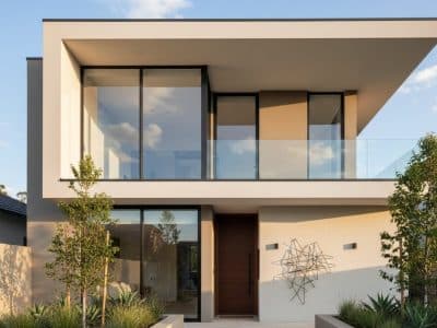 Modern two-storey rendered home with smooth exterior walls, glass balcony, and landscaped frontage illustrating House Rendering Costs