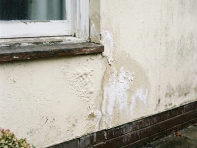 Bubbling paint and light efflorescence near a window corner on a Sydney external wall.