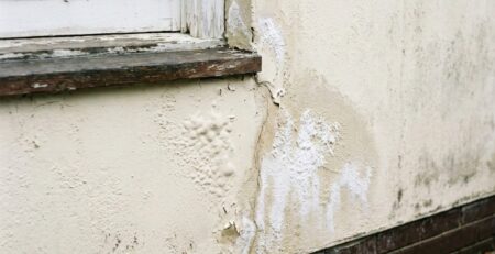 Bubbling paint and light efflorescence near a window corner on a Sydney external wall.