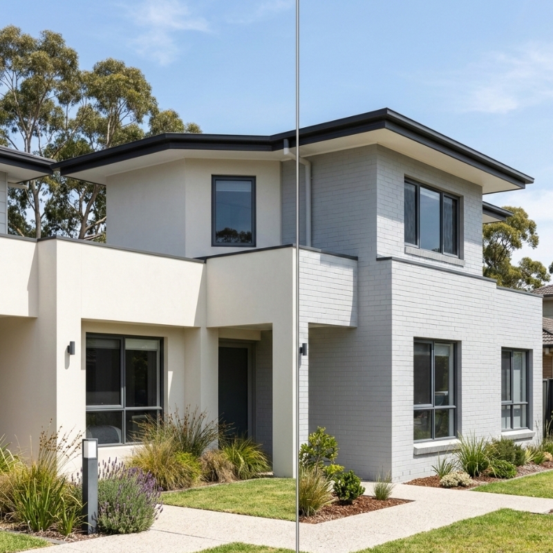 Rendered versus painted exterior walls on a Sydney home in sunny weather.