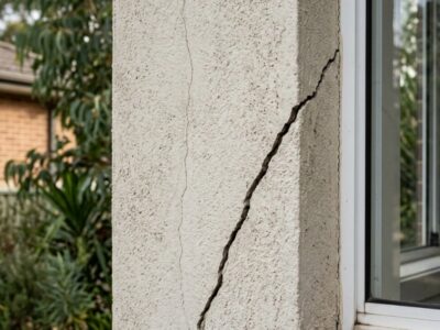 Hairline crack and diagonal crack near a window corner on a rendered exterior wall in Sydney.