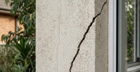 Hairline crack and diagonal crack near a window corner on a rendered exterior wall in Sydney.