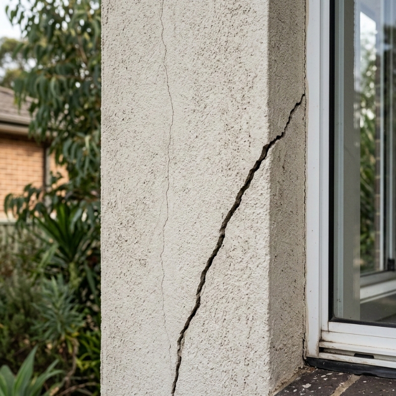 Hairline crack and diagonal crack near a window corner on a rendered exterior wall in Sydney.