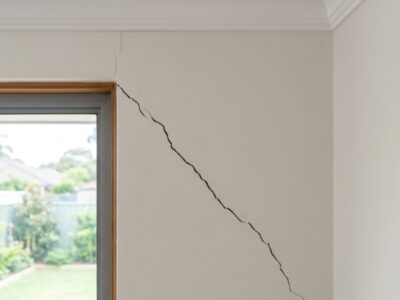 Hairline crack near a cornice and diagonal crack from a window corner in a Sydney home