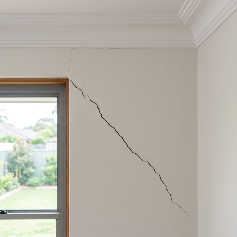 Hairline crack near a cornice and diagonal crack from a window corner in a Sydney home