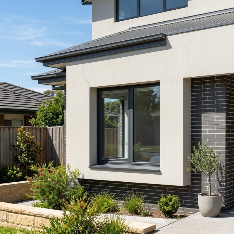 Hairline crack in a rendered wall near a window corner on a Sydney home