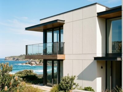Coastal Sydney home exterior with polystyrene cladding, showing how salt air and harsh sun affect cladding and rendered finishes over time.