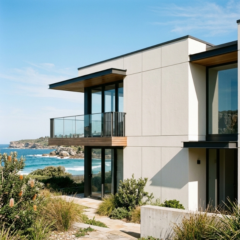 Coastal Sydney home exterior with polystyrene cladding, showing how salt air and harsh sun affect cladding and rendered finishes over time.