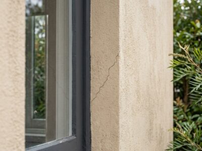 Early warning signs of failing render on a Sydney home including hairline cracks near a window and light staining under a gutter line