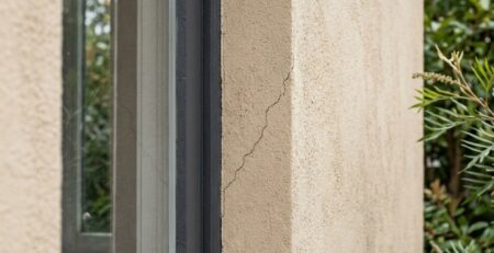 Early warning signs of failing render on a Sydney home including hairline cracks near a window and light staining under a gutter line