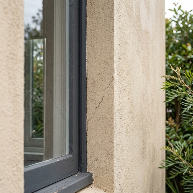 Early warning signs of failing render on a Sydney home including hairline cracks near a window and light staining under a gutter line