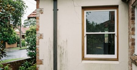 Hairline crack in a rendered wall near a window corner on a Sydney home.
