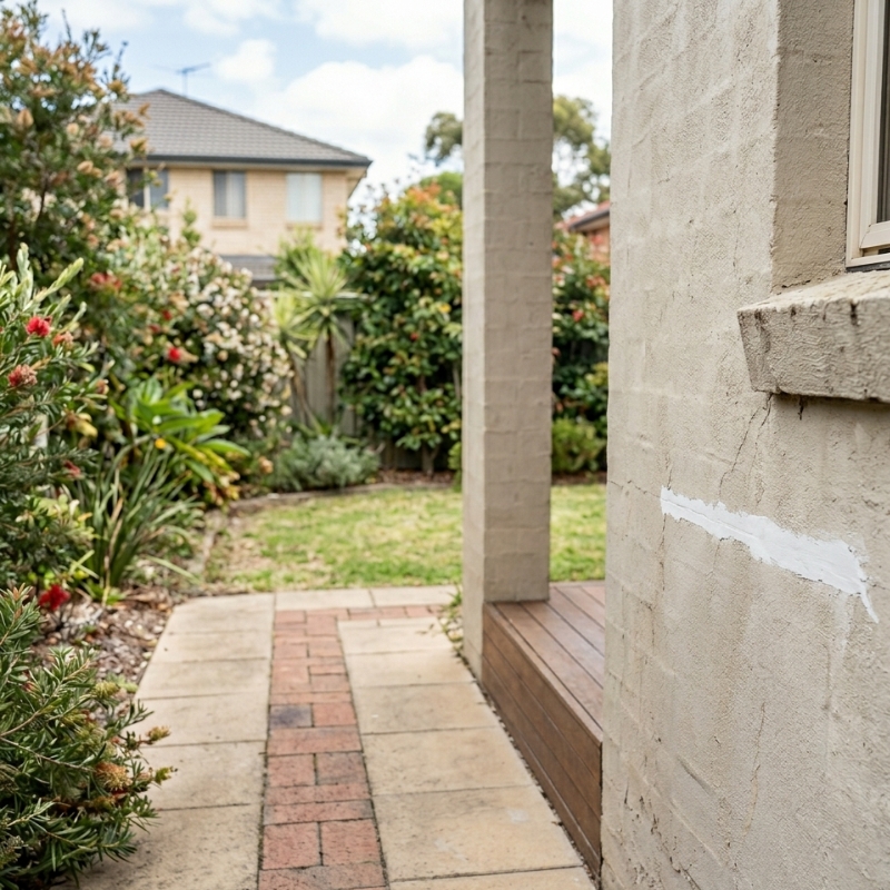 Homeowner patching a small render crack while a licenced renderer inspects the wall.