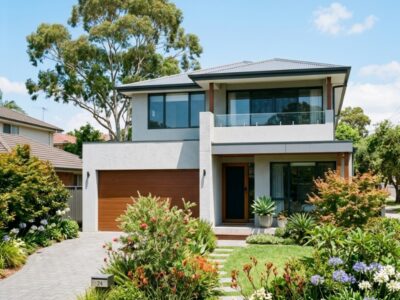 Modern Sydney home with light-grey polystyrene cladding in summer sunshine