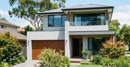 Modern Sydney home with light-grey polystyrene cladding in summer sunshine
