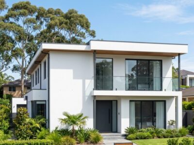 Clean modern Sydney home with freshly maintained white acrylic rendered exterior wall under clear daylight