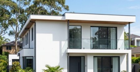 Clean modern Sydney home with freshly maintained white acrylic rendered exterior wall under clear daylight