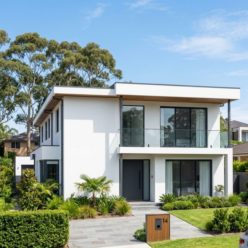Clean modern Sydney home with freshly maintained white acrylic rendered exterior wall under clear daylight