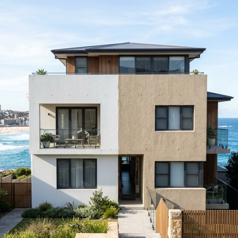 Sydney coastal home exterior in 2026, showing half with smooth painted finish and half with textured acrylic coating, bright afternoon light, subtle wear difference visible