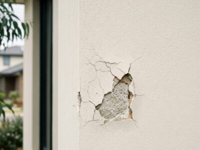 Small crack and chipped section on a rendered exterior wall of a suburban Australian home showing early render damage.