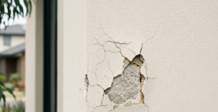 Small crack and chipped section on a rendered exterior wall of a suburban Australian home showing early render damage.