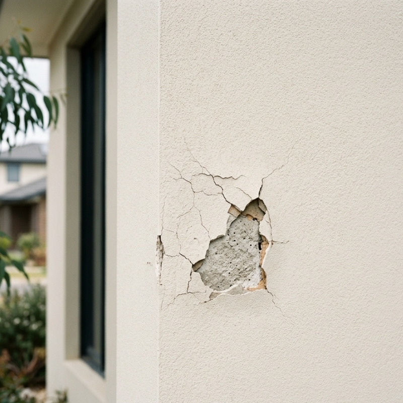 Small crack and chipped section on a rendered exterior wall of a suburban Australian home showing early render damage.
