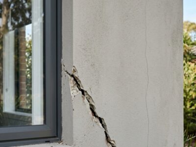 Close-up of a rendered exterior wall showing both a fine hairline crack and a wider structural crack on a Sydney-style residential home.