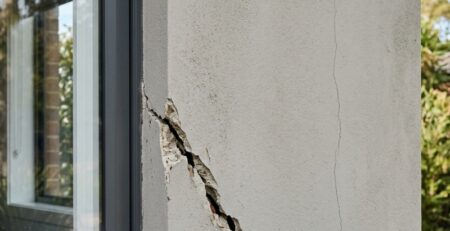 Close-up of a rendered exterior wall showing both a fine hairline crack and a wider structural crack on a Sydney-style residential home.