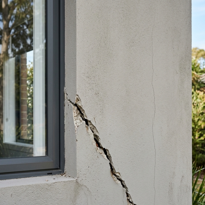 Close-up of a rendered exterior wall showing both a fine hairline crack and a wider structural crack on a Sydney-style residential home.