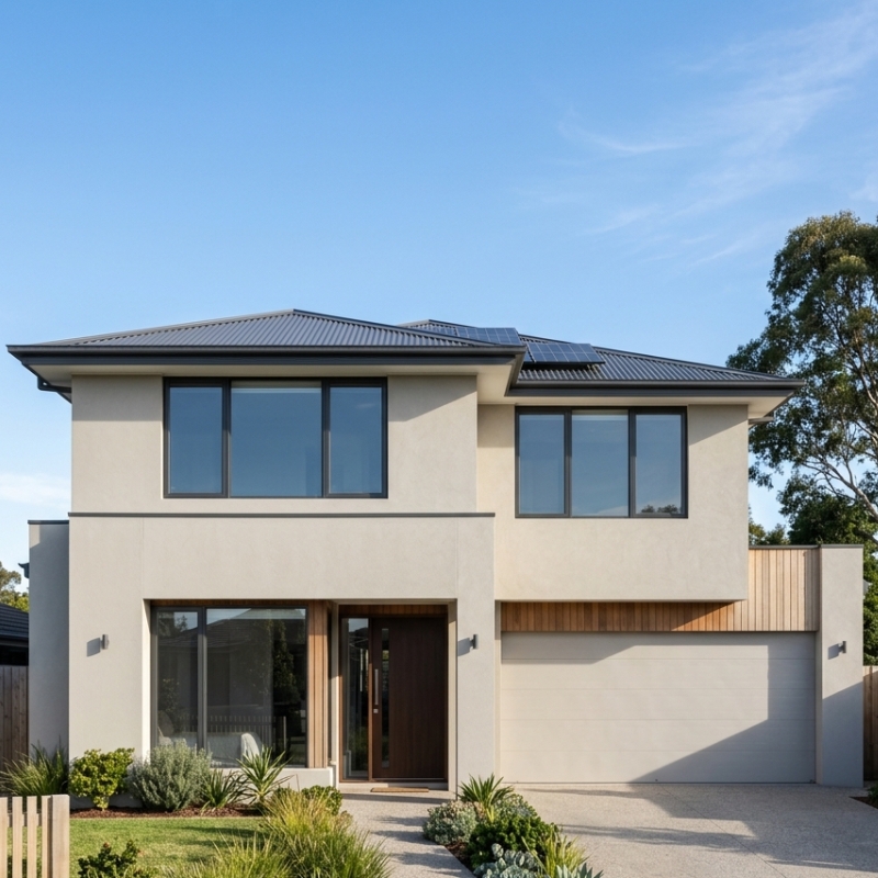 Modern Sydney home with a smooth cement-rendered exterior designed to improve energy efficiency.