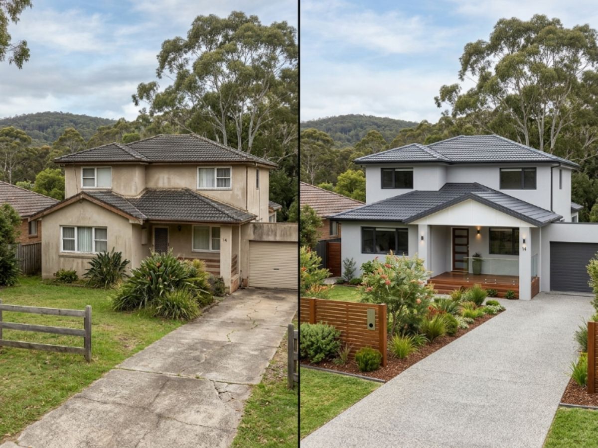 Rendered home in the Blue Mountains area, before and after