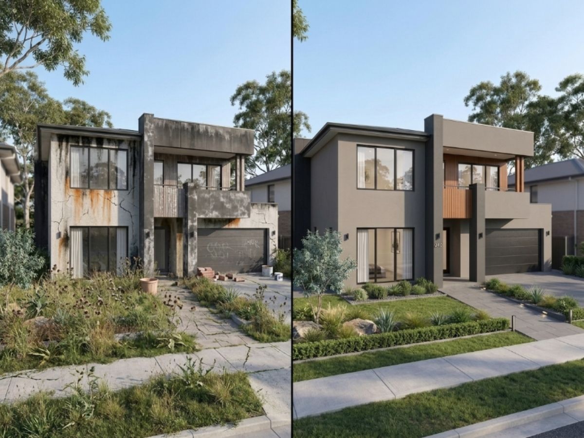 Rendered home in the Parramatta area, before and after