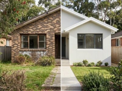 Rendered house before and after showing a Sydney brick home transformed with a clean rendered facade