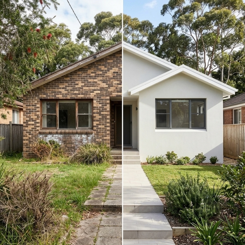 Rendered house before and after showing a Sydney brick home transformed with a clean rendered facade