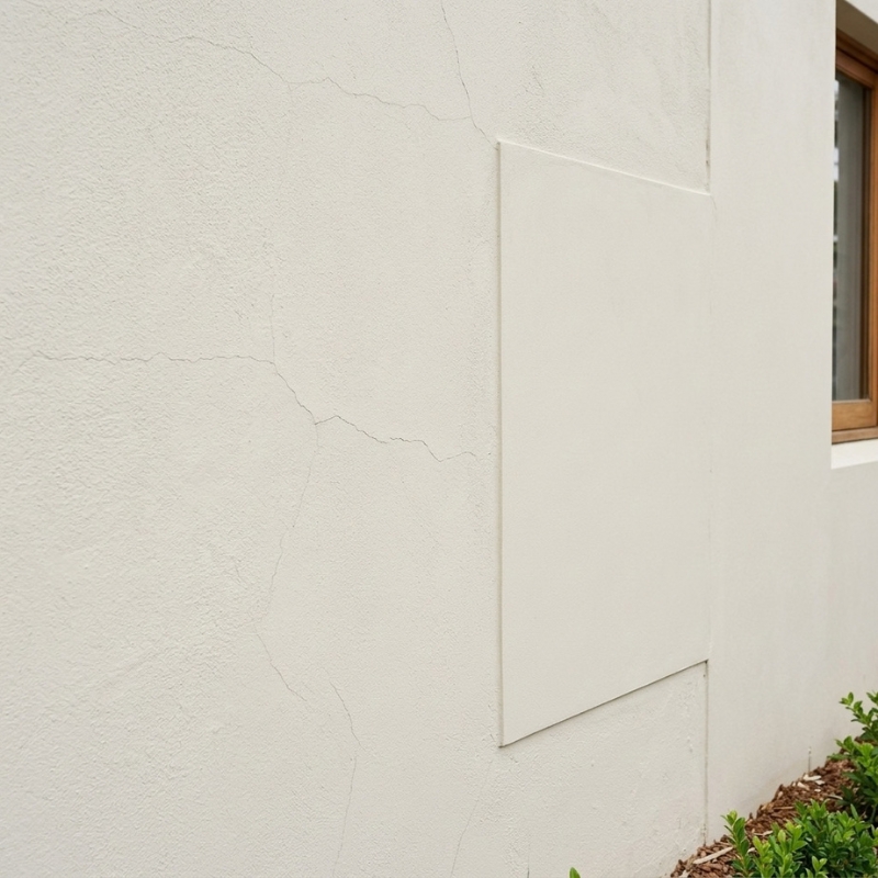 Rendered wall showing a localised repair beside older textured rende